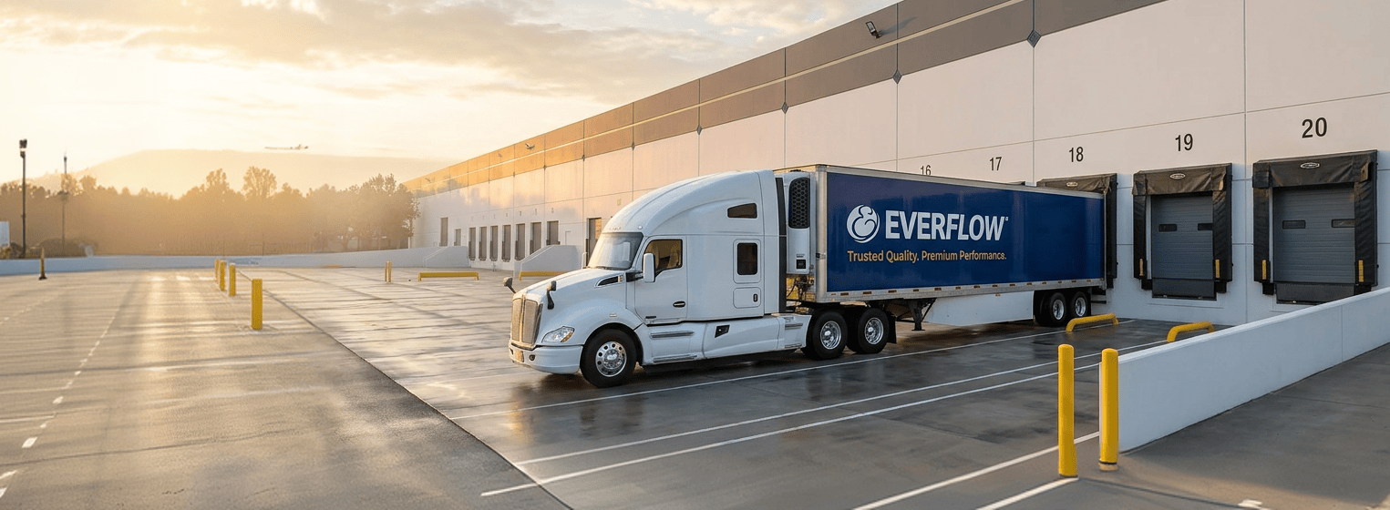 Everflow truck loading at a distribution center for nationwide plumbing product delivery.