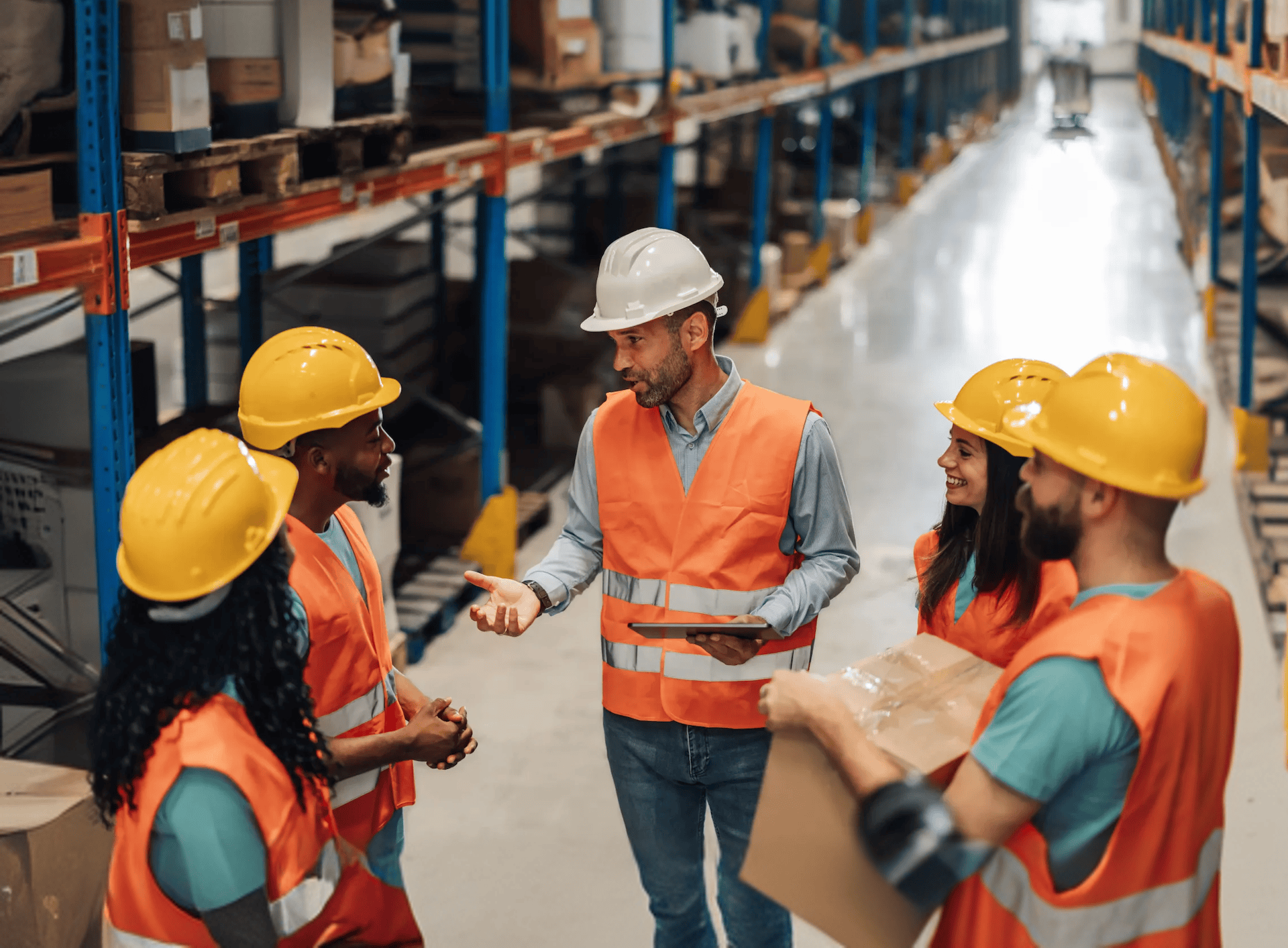 Warehouse team in safety vests and hard hats discussing logistics operations.
