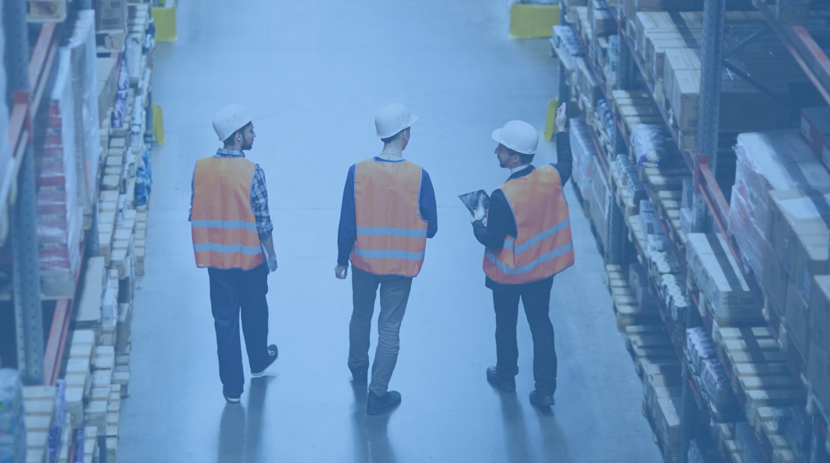 Warehouse team reviewing inventory and logistics operations in a distribution center.