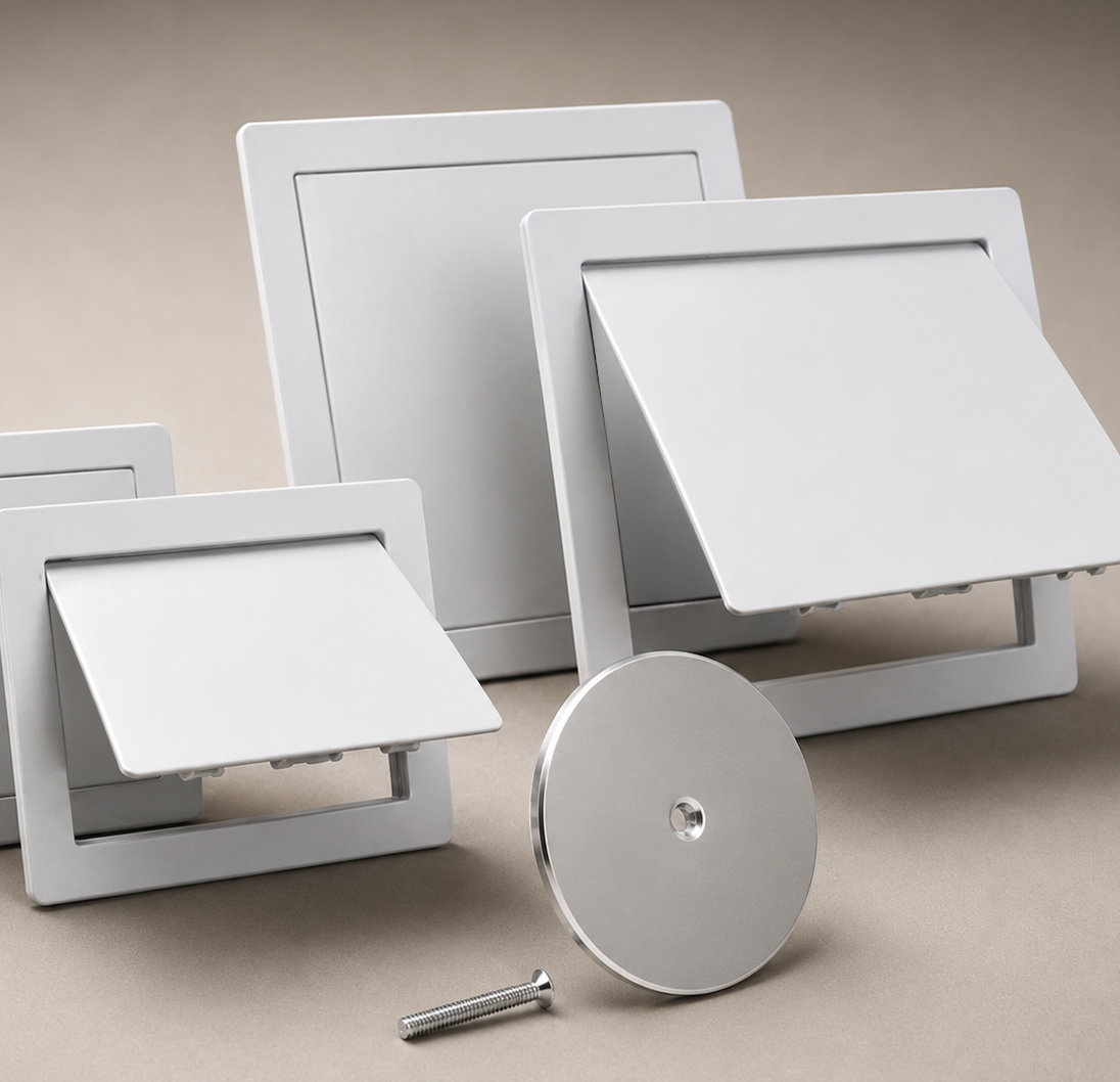 Assortment of metal access panels and covers in multiple sizes and styles.