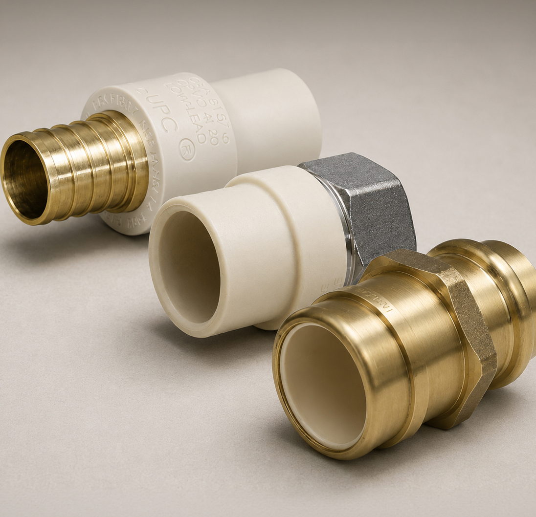 Assortment of brass and CPVC transition fittings for plumbing connections.