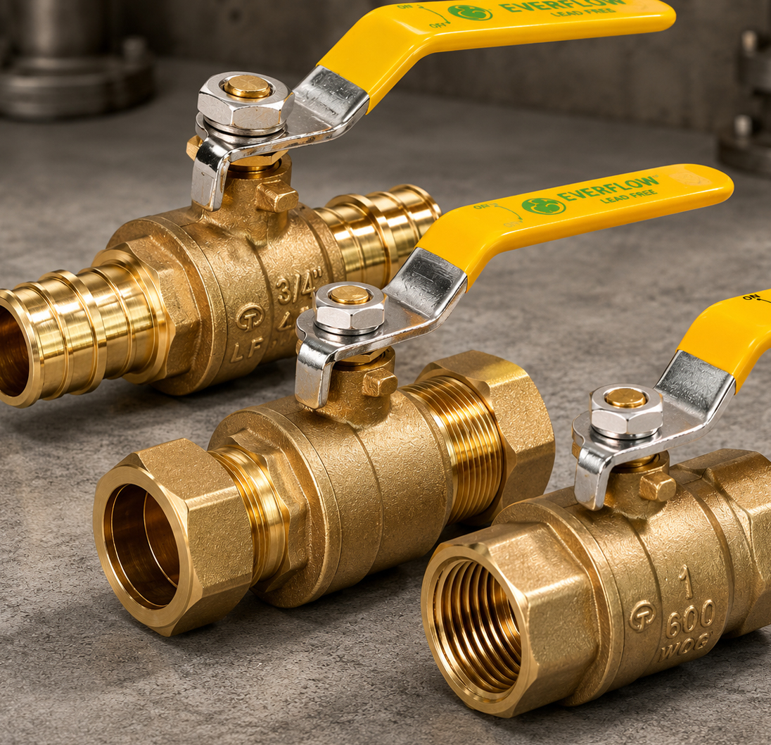 Assortment of Everflow brass ball valves with yellow lever handles.