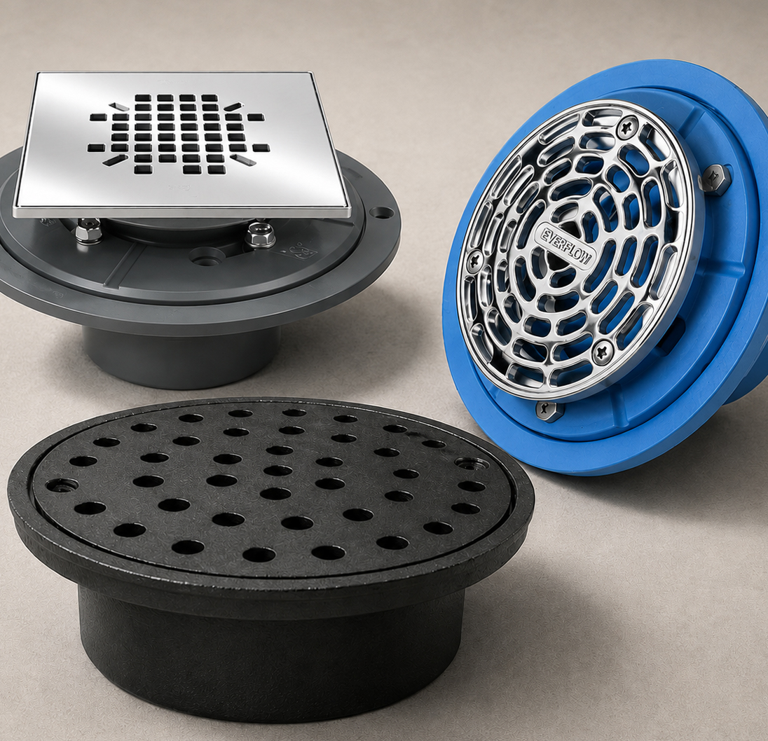 Assortment of Everflow floor drains and strainers in multiple styles and sizes.