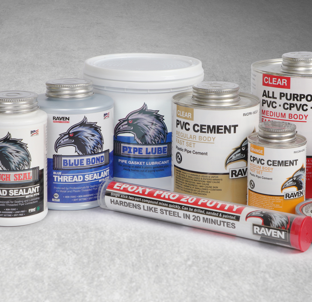 Assortment of Raven pipe sealants, lubricants, PVC cement and epoxy products.
