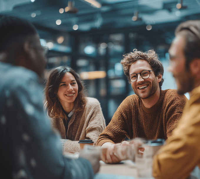 Business professionals smiling and collaborating during a team meeting.