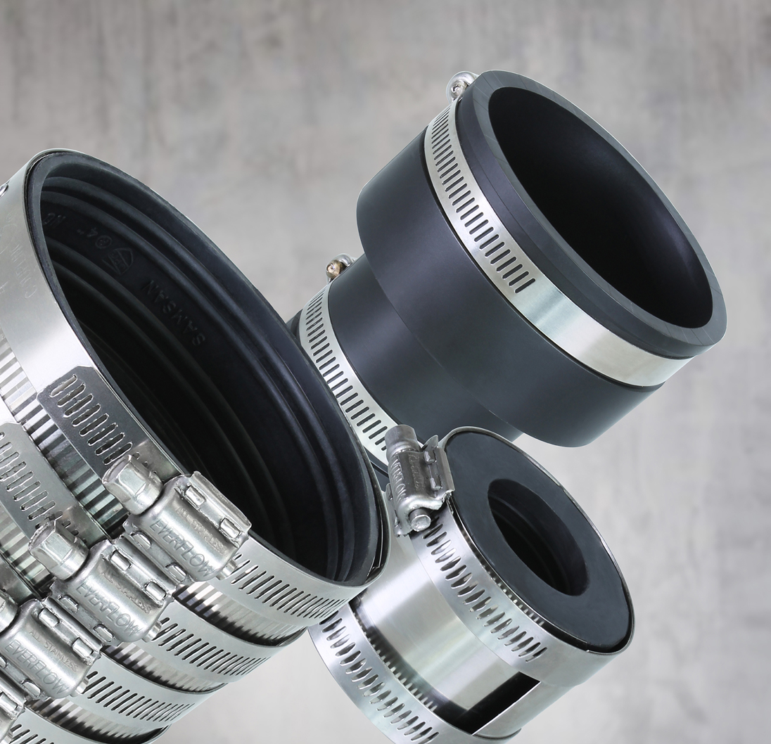 Everconnect flexible plumbing couplings with stainless steel clamps.