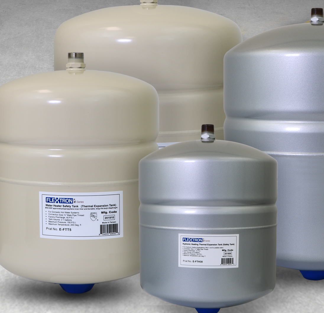 Flextron expansion tanks in multiple sizes for water heating and plumbing systems.
