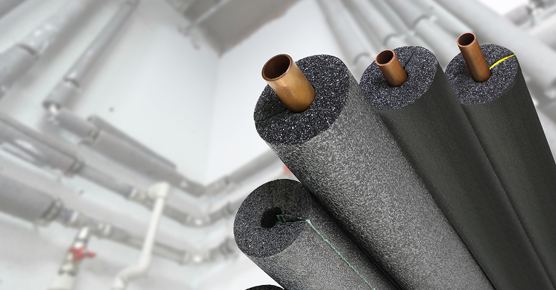 Flexcraft logo over insulated copper piping for plumbing and HVAC applications.