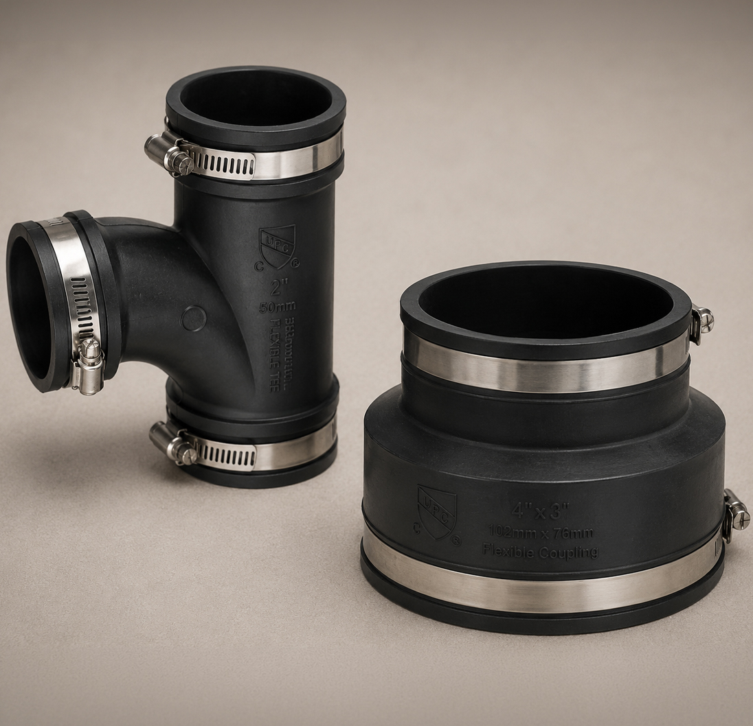 Everconnect black flexible plumbing fittings and transition coupling.