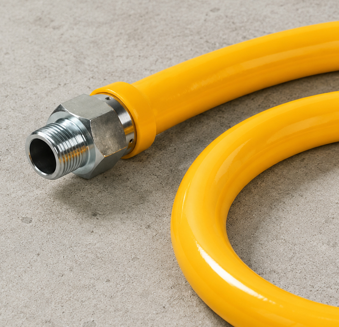 Flextron yellow-coated flexible gas connector with metal fitting.