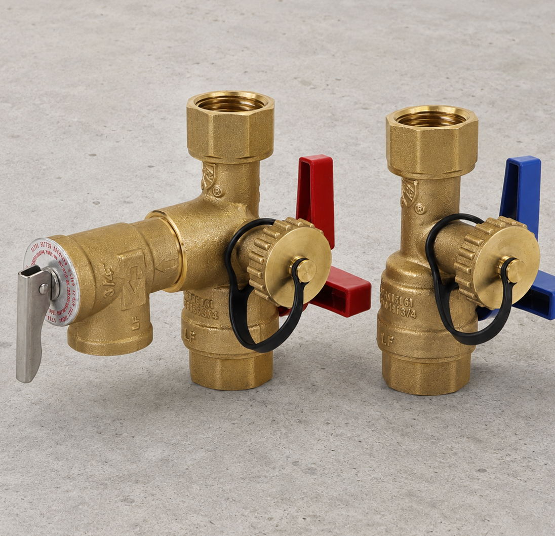 Flextron brass water heater service valves with red and blue handles.
