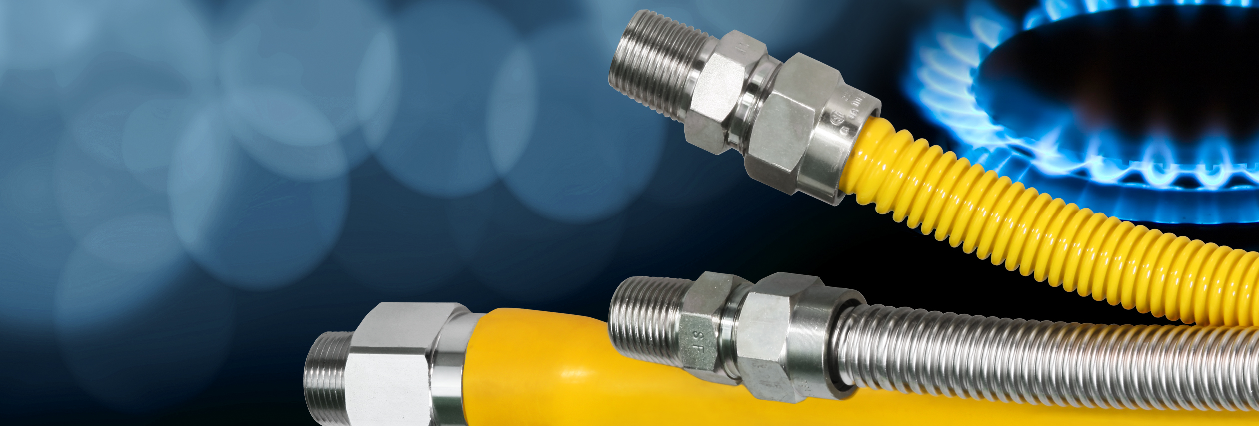 Flextron flexible gas connectors with yellow coating and stainless steel fittings.