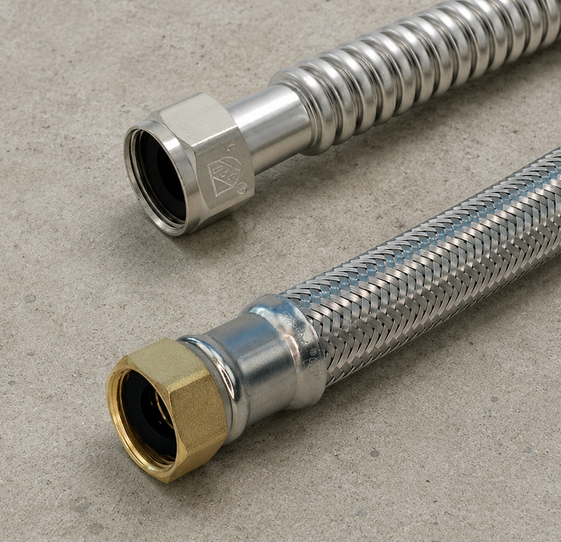 Flextron stainless steel flexible appliance and water heater connectors.
