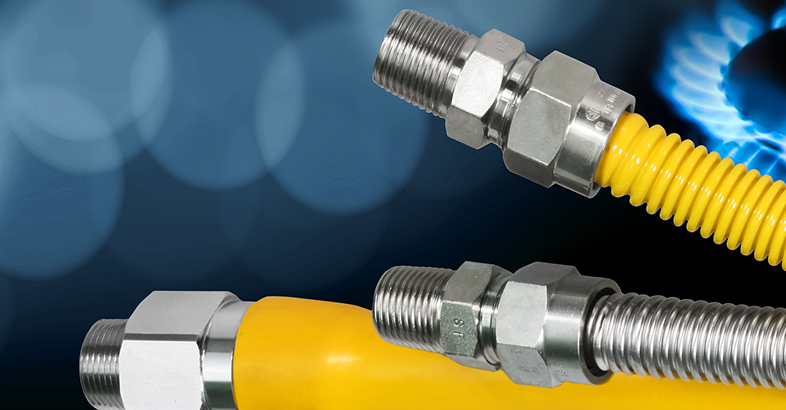 Flextron logo over flexible gas and appliance connectors with metal fittings.