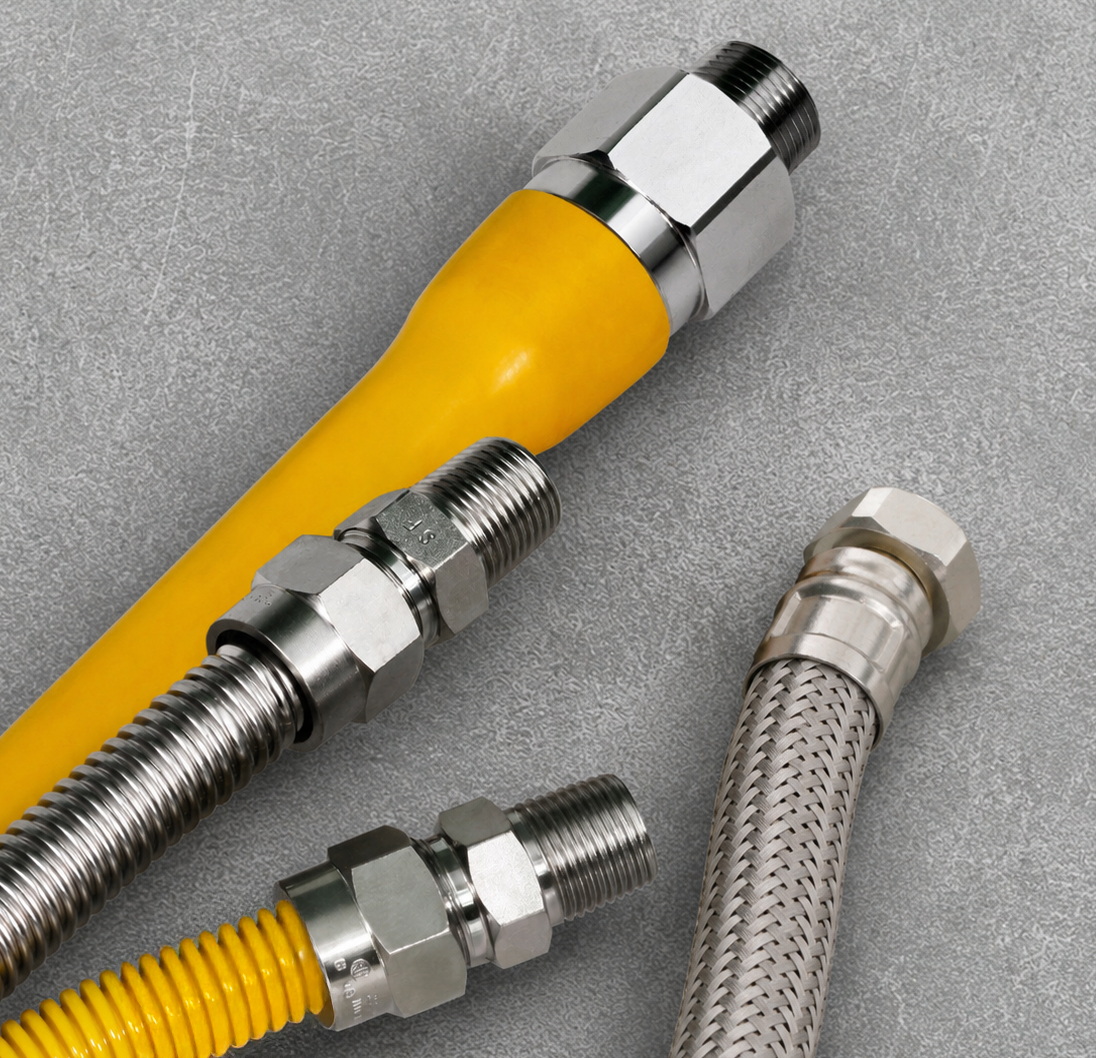 Everflow flexible gas and appliance connectors with stainless steel fittings.