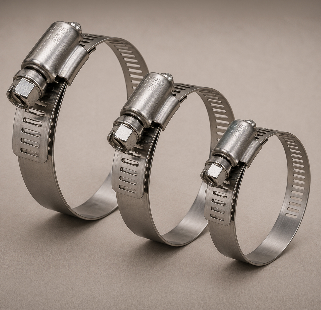 Everconnect stainless steel gear hose clamps in three sizes.
