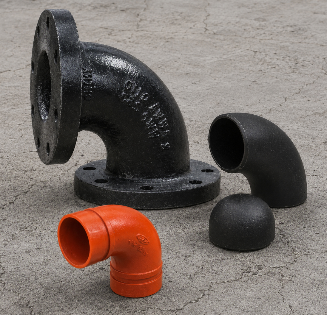 Industrial pipe fittings in cast iron and steel for heavy-duty piping applications.