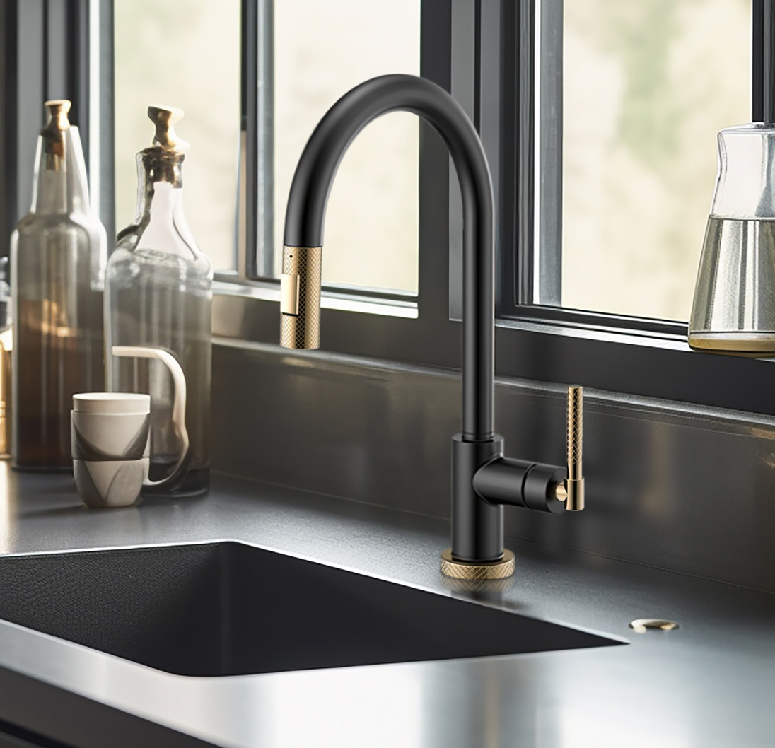 Matte black kitchen faucet installed with a black undermount sink.
