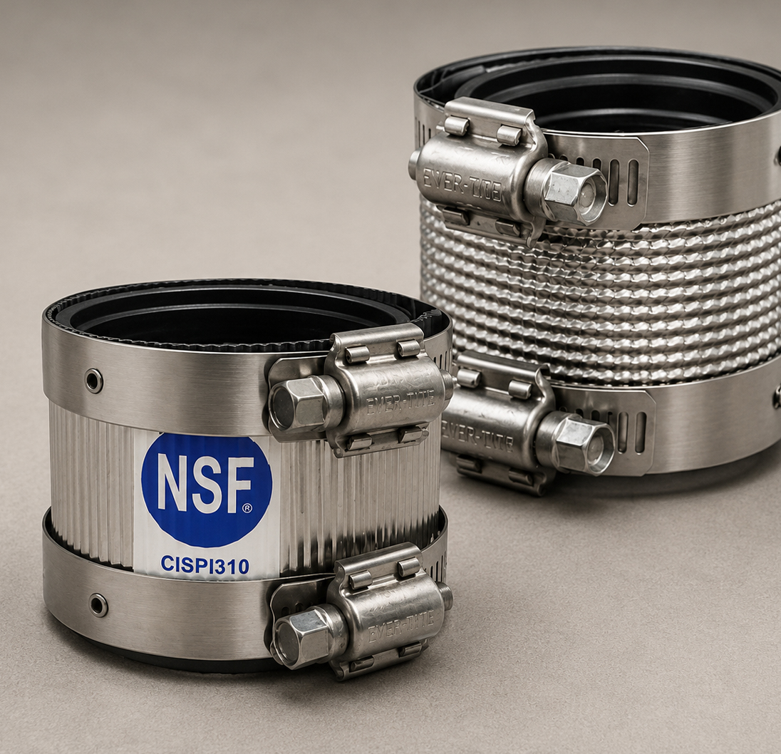 Everconnect shielded plumbing couplings with stainless steel bands and NSF certification.