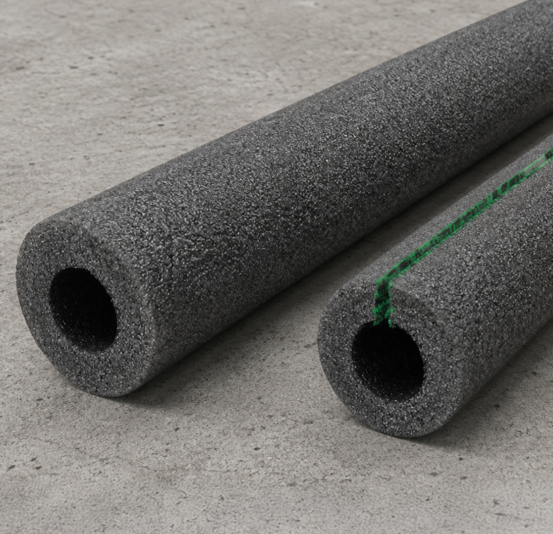 PE foam pipe insulation tubes for plumbing and HVAC applications.
