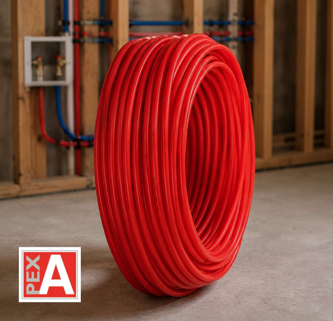 Coil of red Pexflow PEX-A piping for plumbing and radiant heating systems.