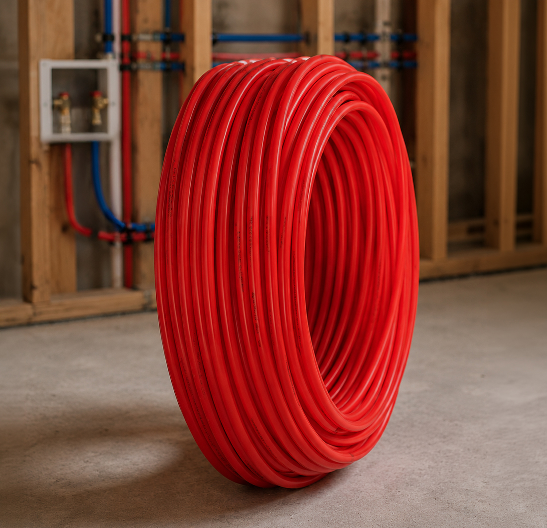 Coil of red PEX-A tubing for plumbing and radiant heating applications.