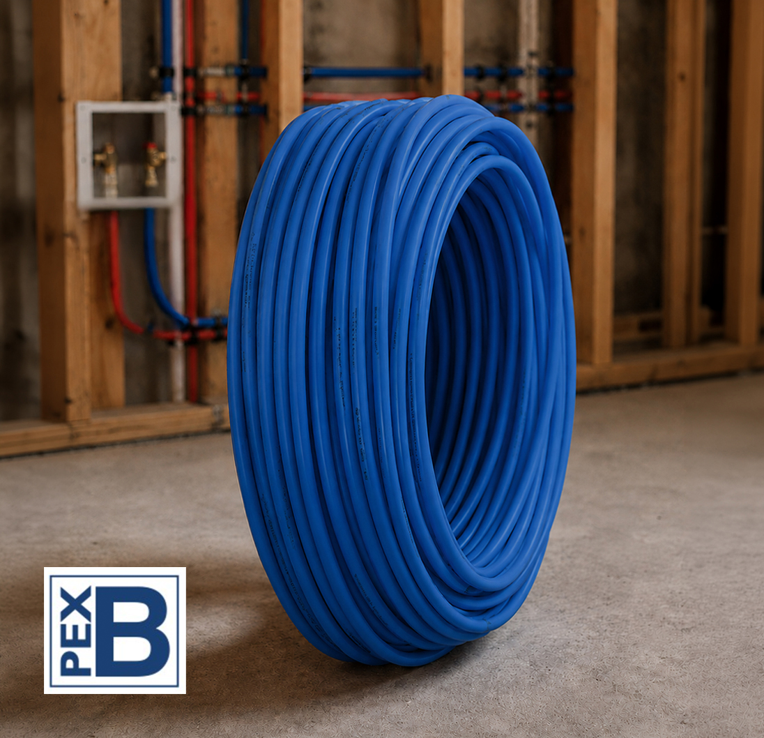 Coil of blue Pexflow PEX-B piping for residential and commercial plumbing.