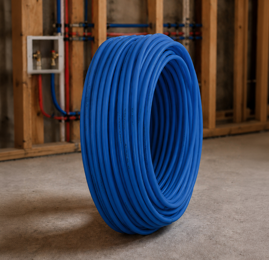 Coil of blue PEX-B tubing for residential and commercial plumbing systems.