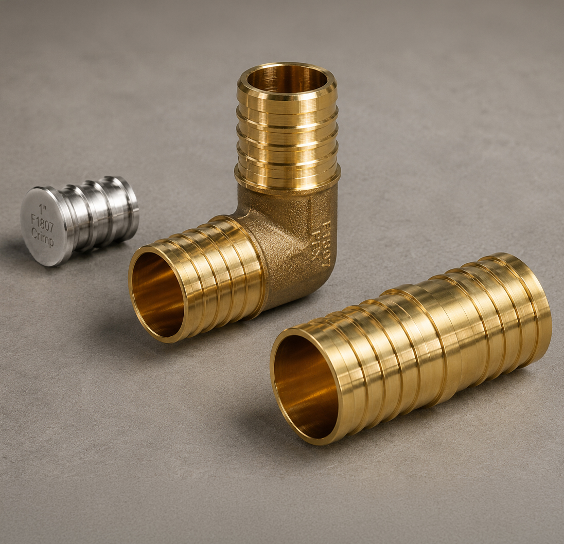 Brass crimp PEX elbow, coupling and plug fittings.