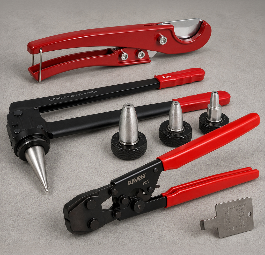 PEX installation tools including pipe cutter, expansion tool and crimping tool.