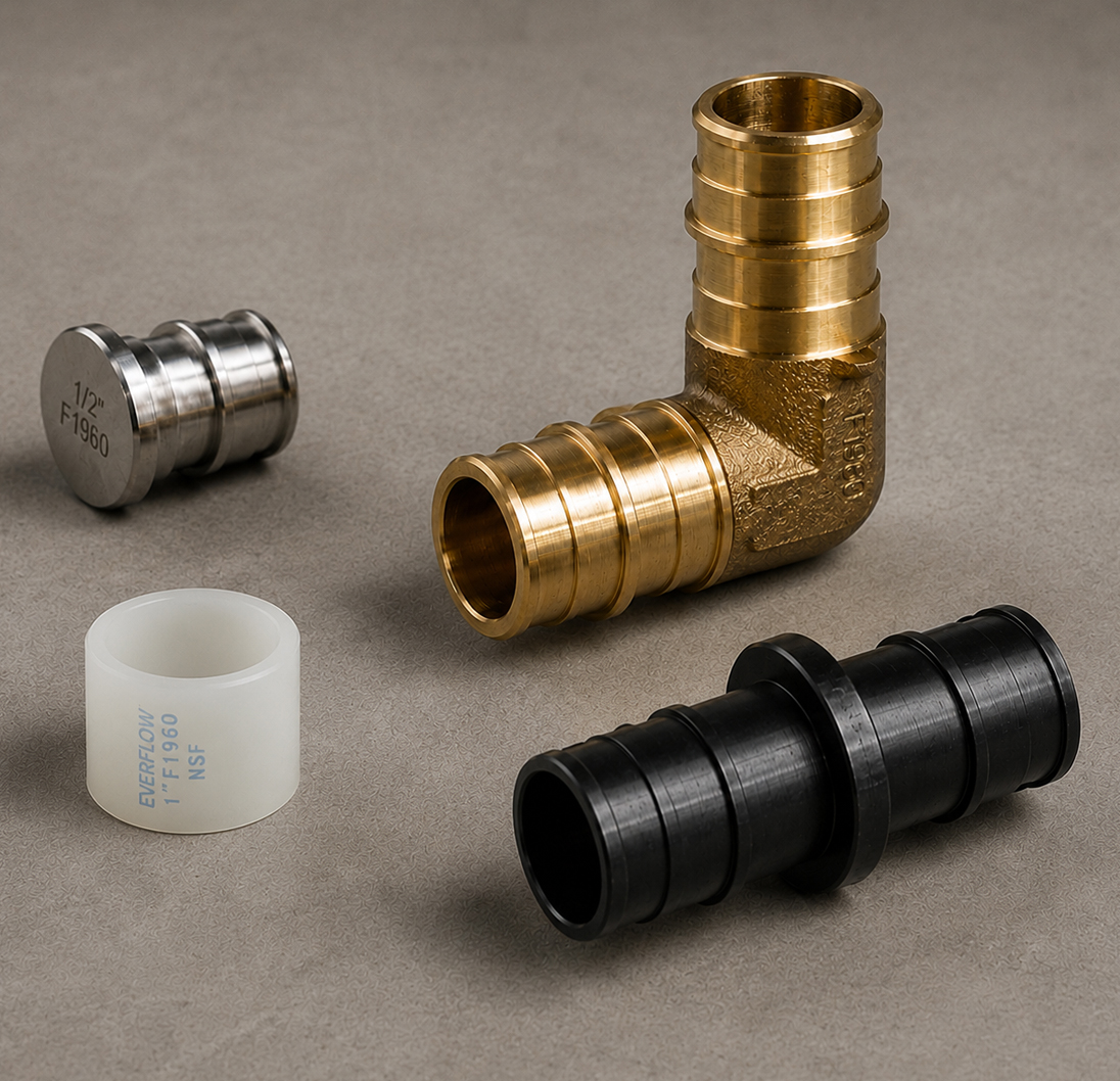 Assortment of Pexflow PEX fittings and accessories in brass, metal and plastic.