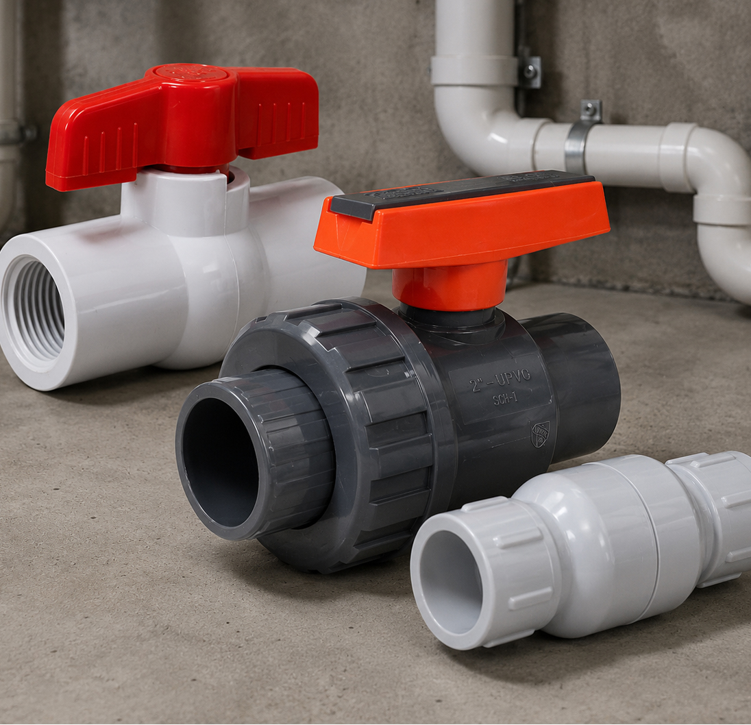 PVC and CPVC ball valves and fittings for plumbing and industrial piping systems.