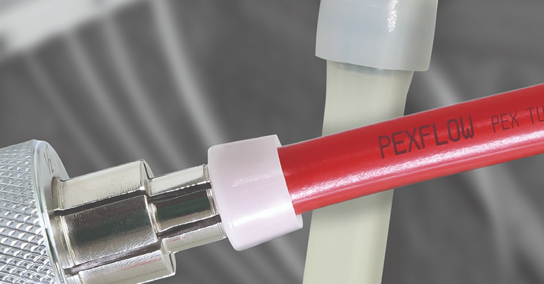 Pexflow Piping System logo over PEX pipe and connection fittings.