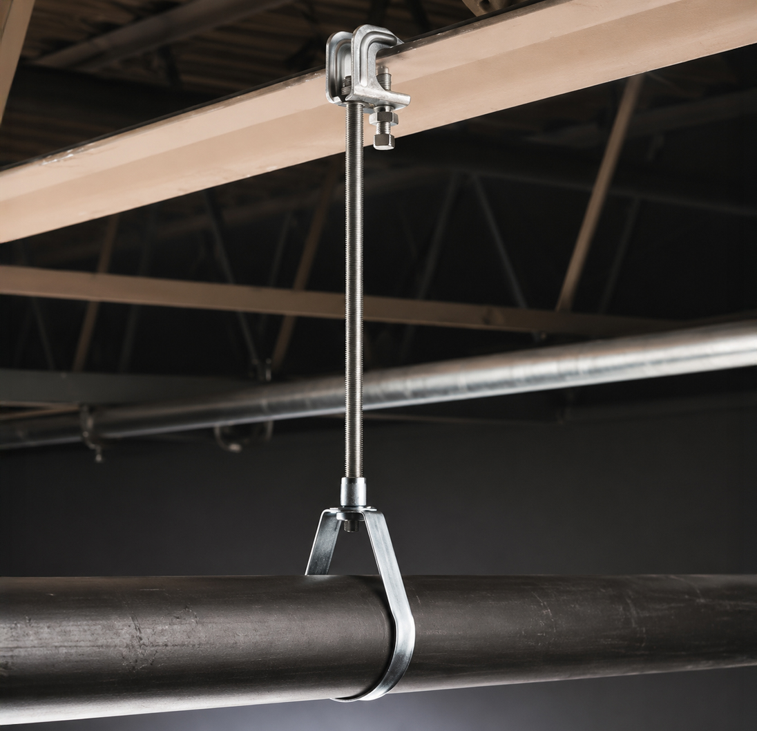 Piers metal pipe hanger suspending a black pipe from the ceiling.