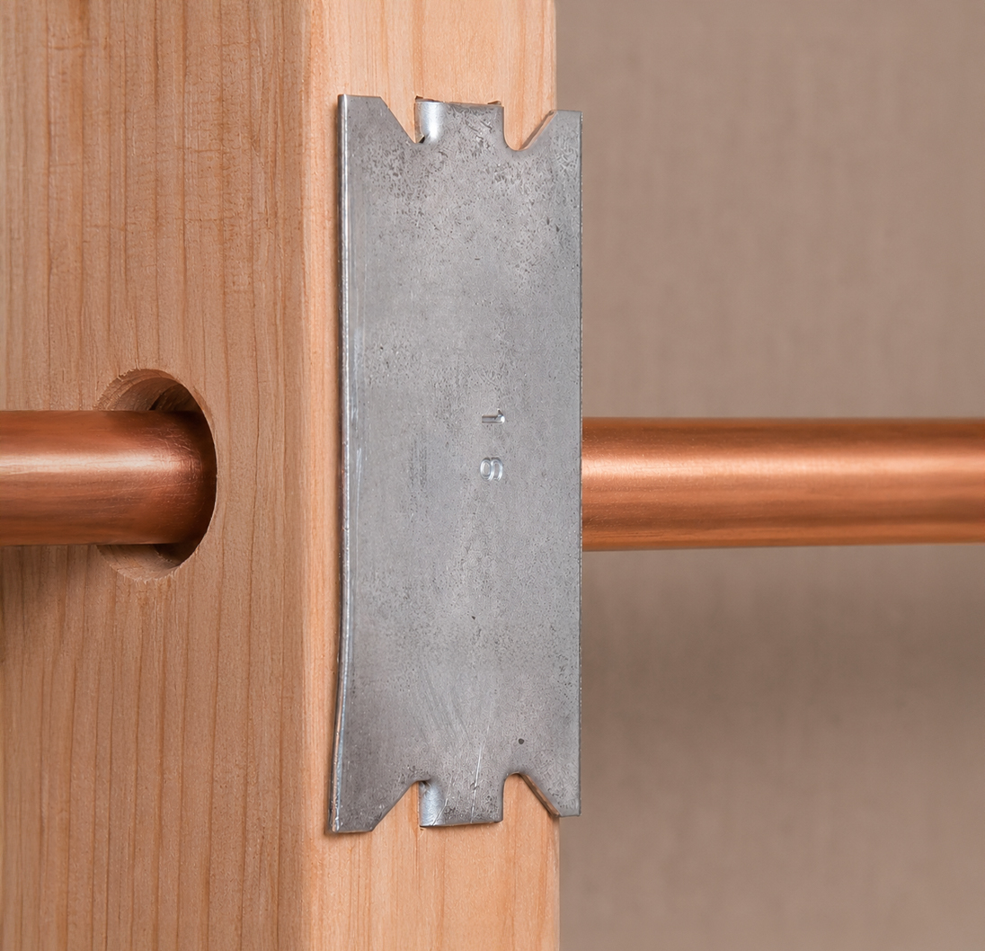 Metal stud guard protecting copper piping running through a wood stud.