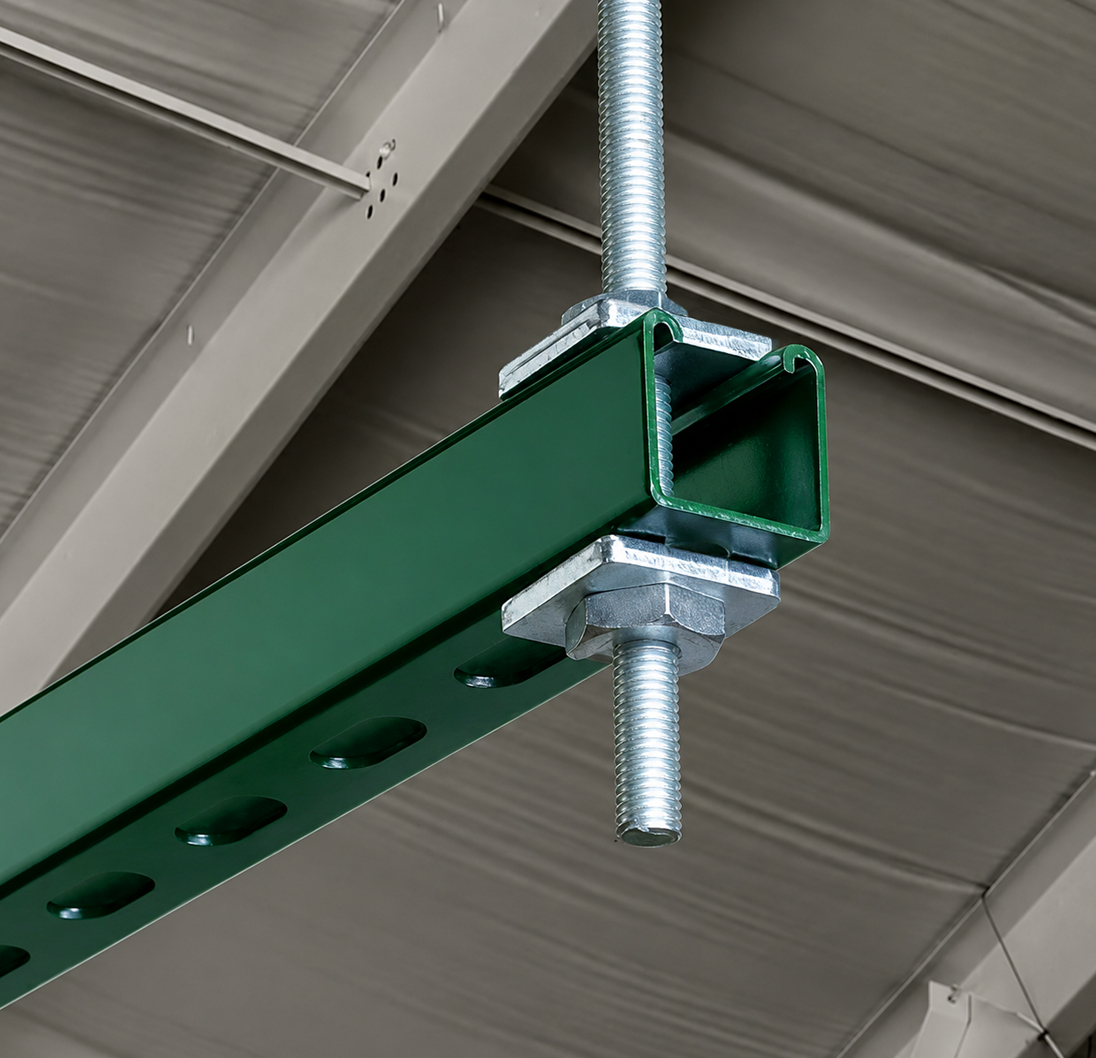 Piers strut channel and threaded rod supporting an overhead installation.