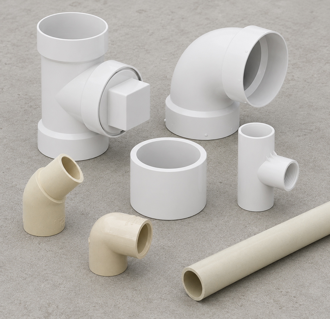 White plastic pipe fittings including elbows, tees, couplings and adapters.