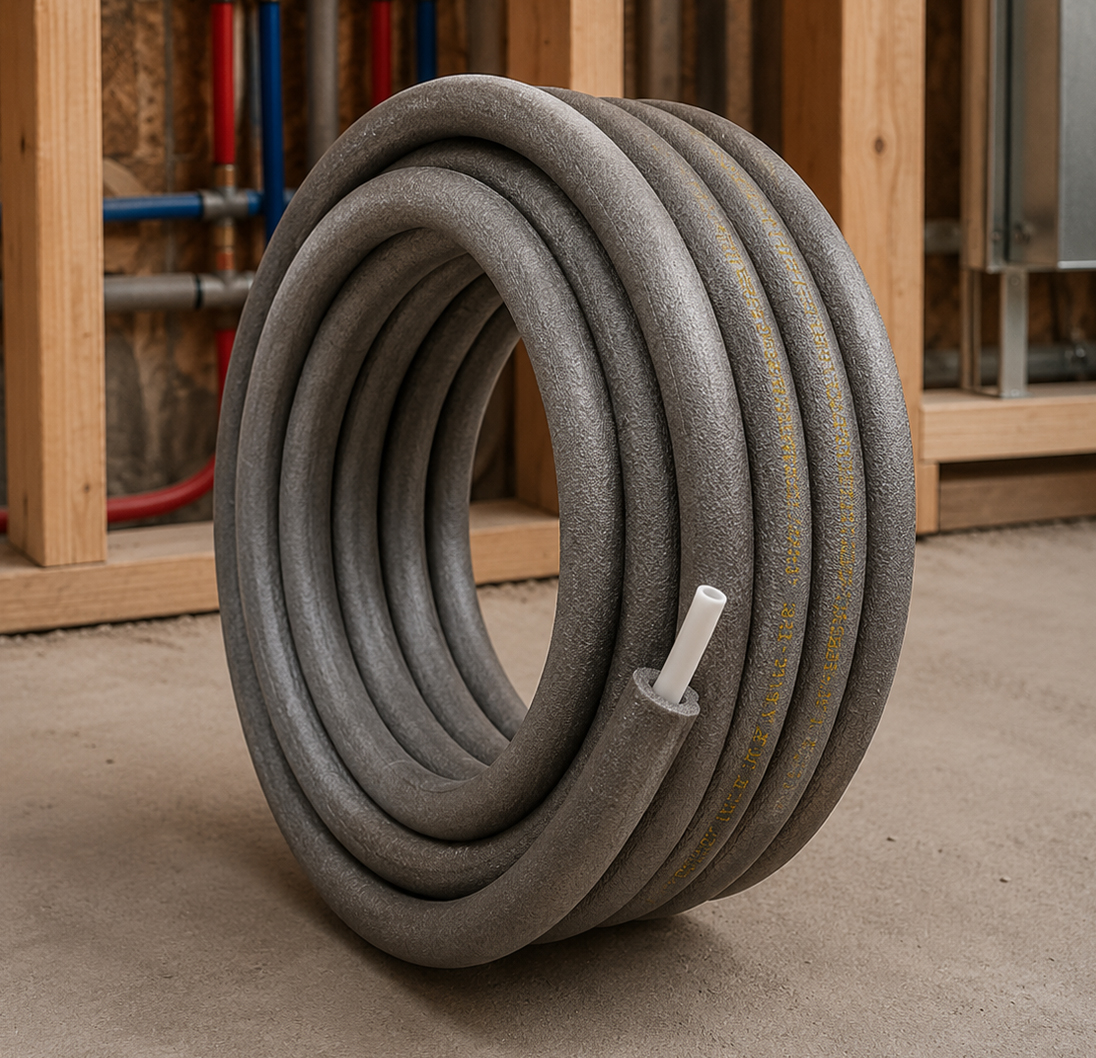 Pre-sleeved and insulated PEX tubing for plumbing and heating applications.