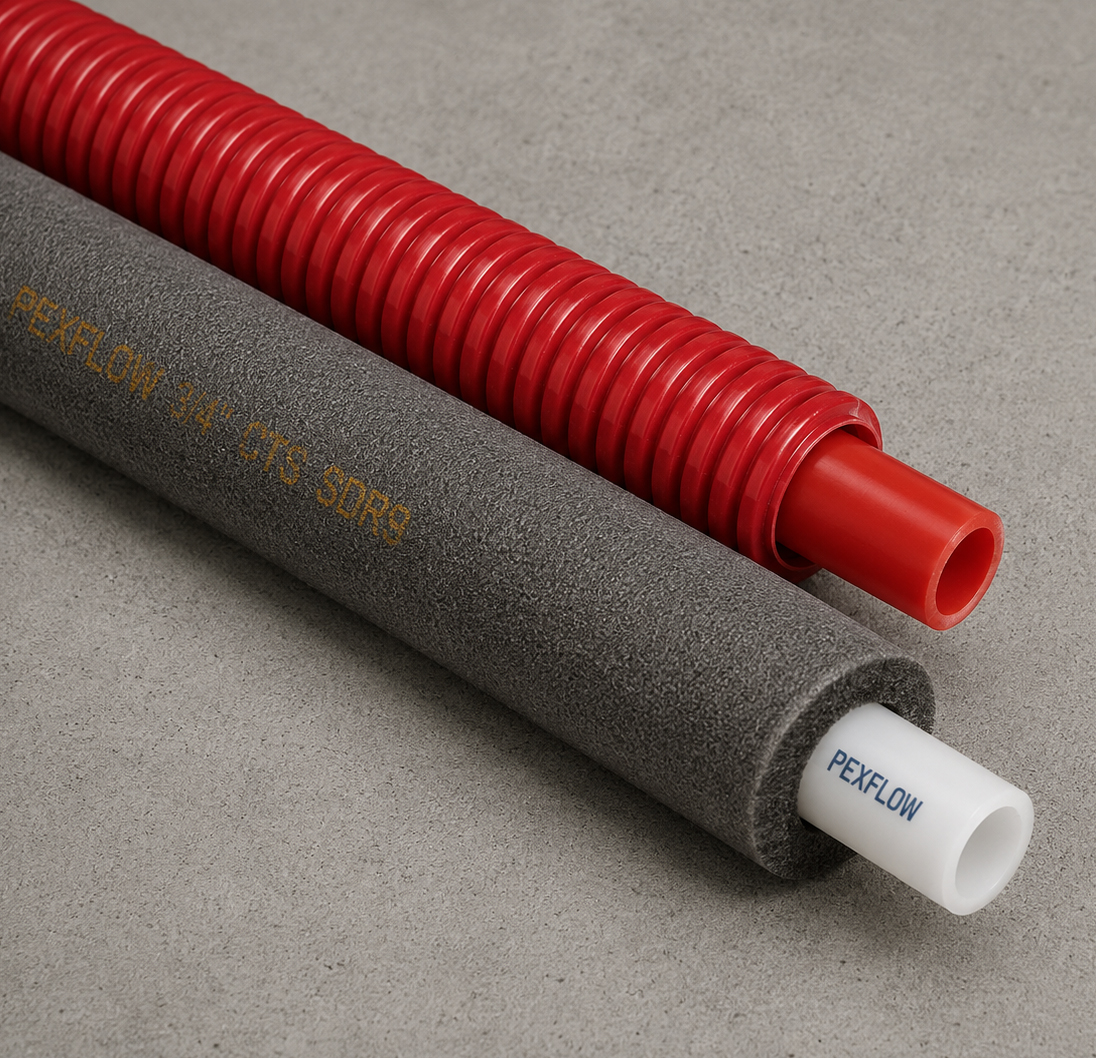 Red and white Pexflow PEX piping with protective insulated sleeves.