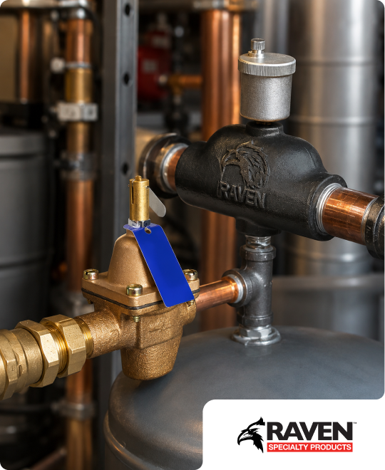 A Raven branded product connected to a plumbing fixture.