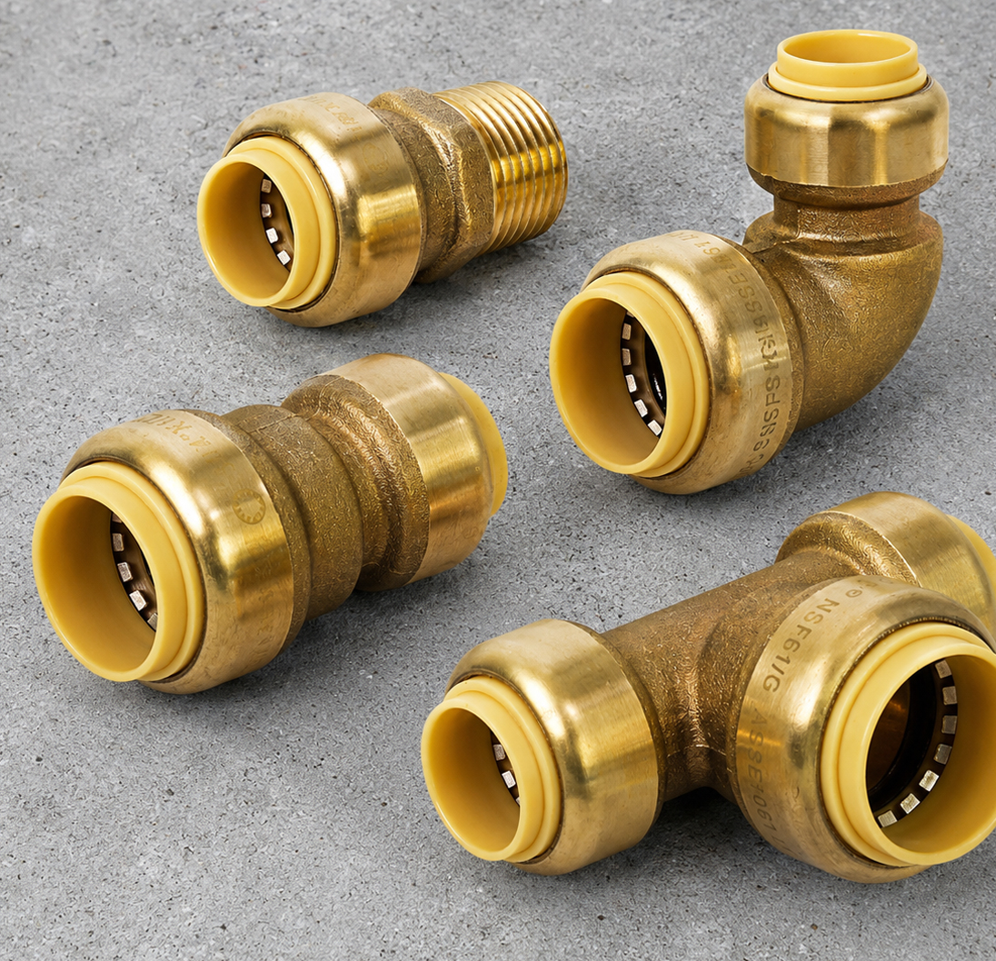 Assortment of PushLock brass push-fit plumbing connectors and fittings.
