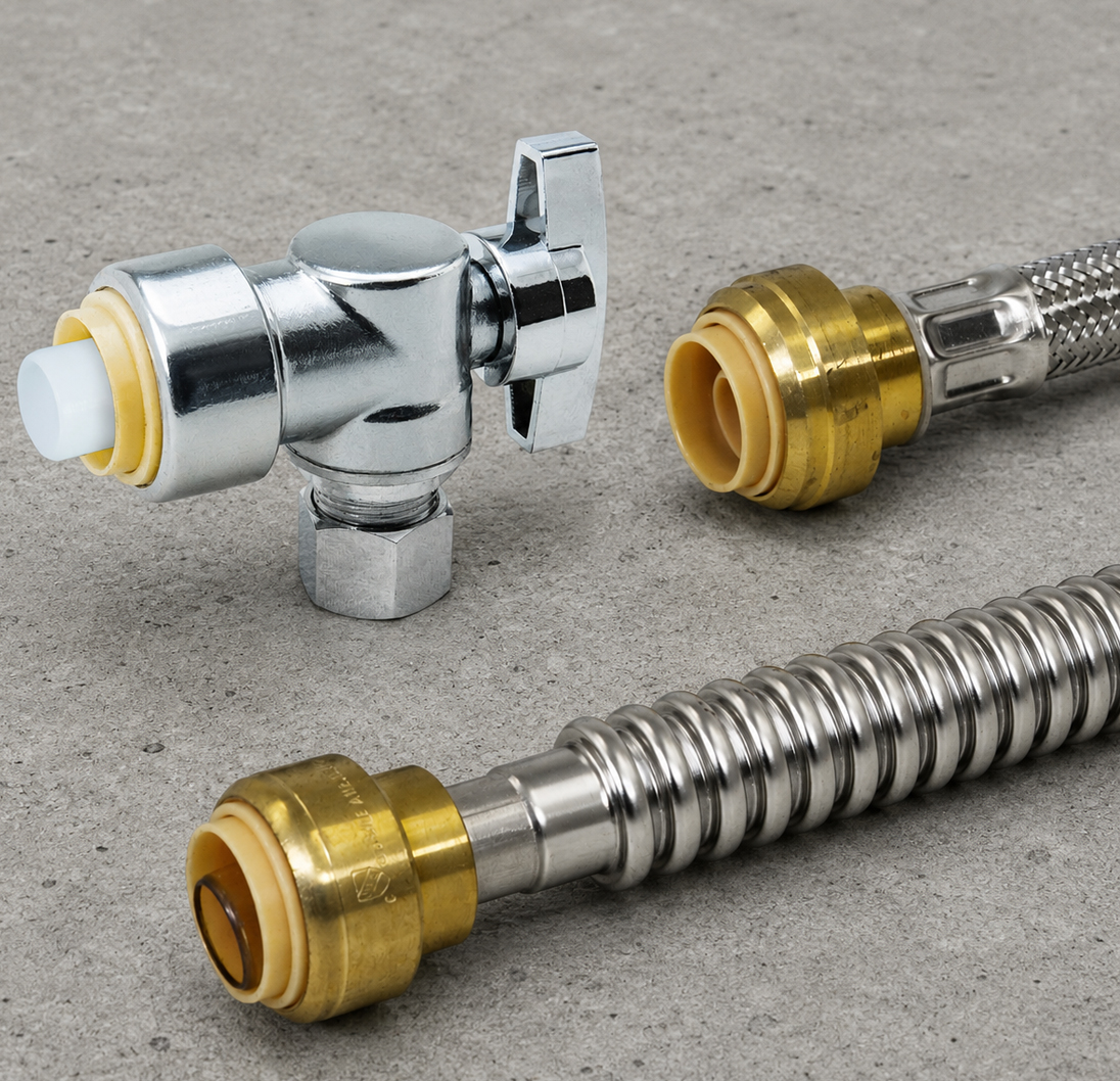 PushLock brass connectors attached to a valve and flexible supply lines.