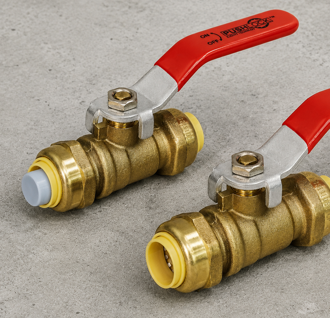 Two PushLock brass push-fit ball valves with red handles.