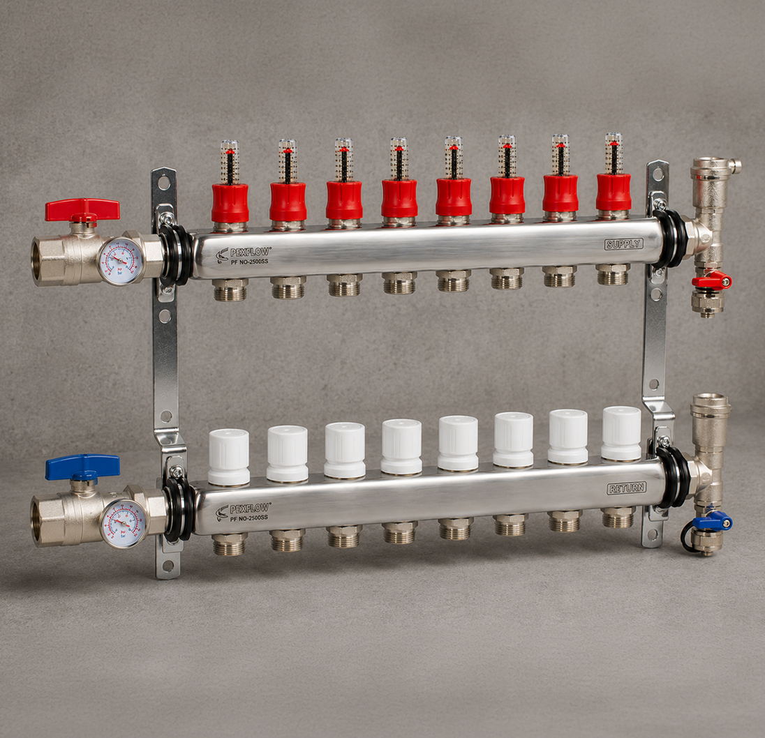 Stainless steel radiant PEX manifold with flow meters and control valves.