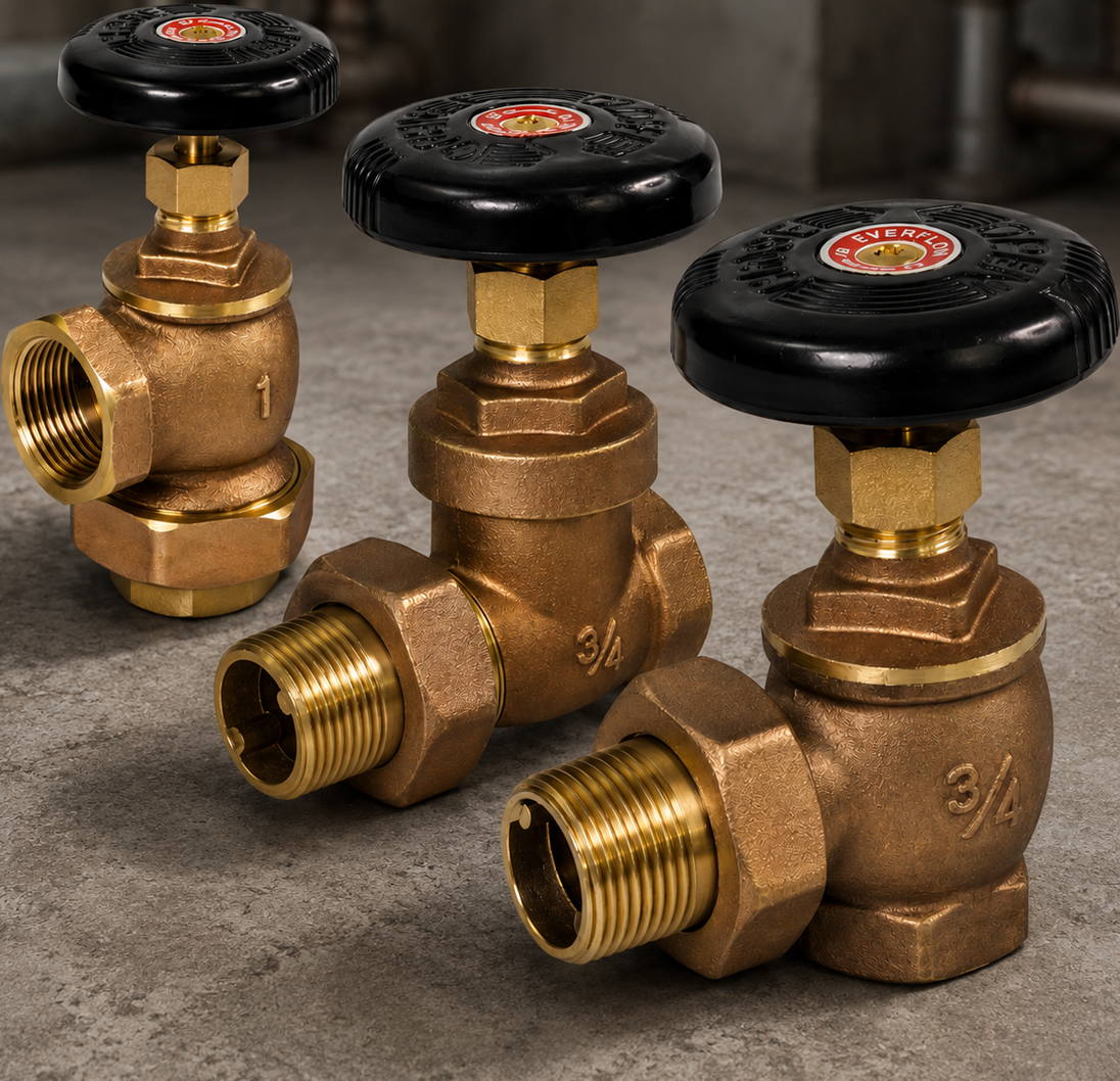 Everflow brass gate valves with black handwheel handles in multiple sizes.
