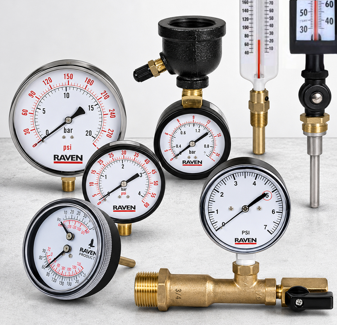 Assortment of Raven pressure gauges and temperature measurement tools.