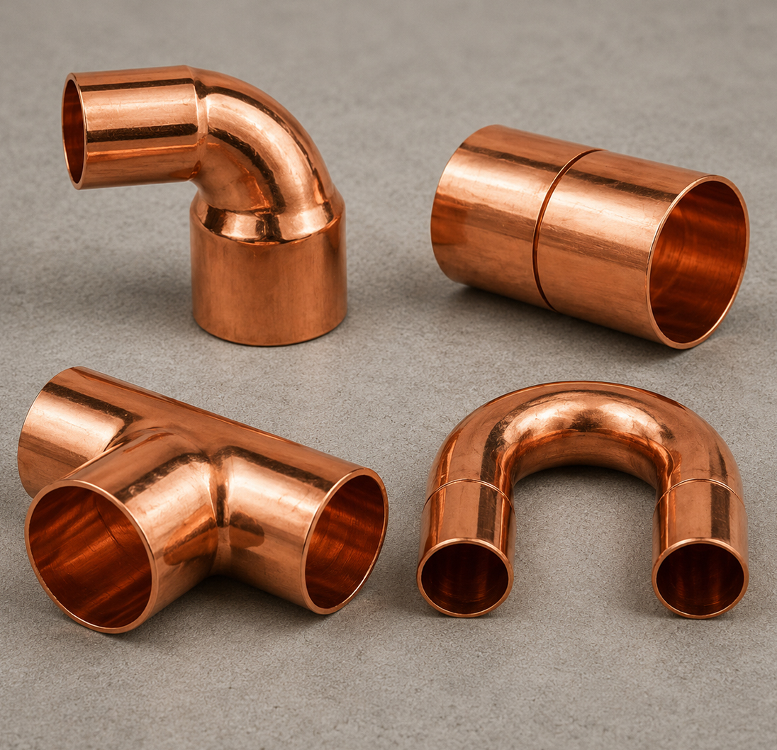Solder copper fittings including elbows, tees, couplings and return bends.