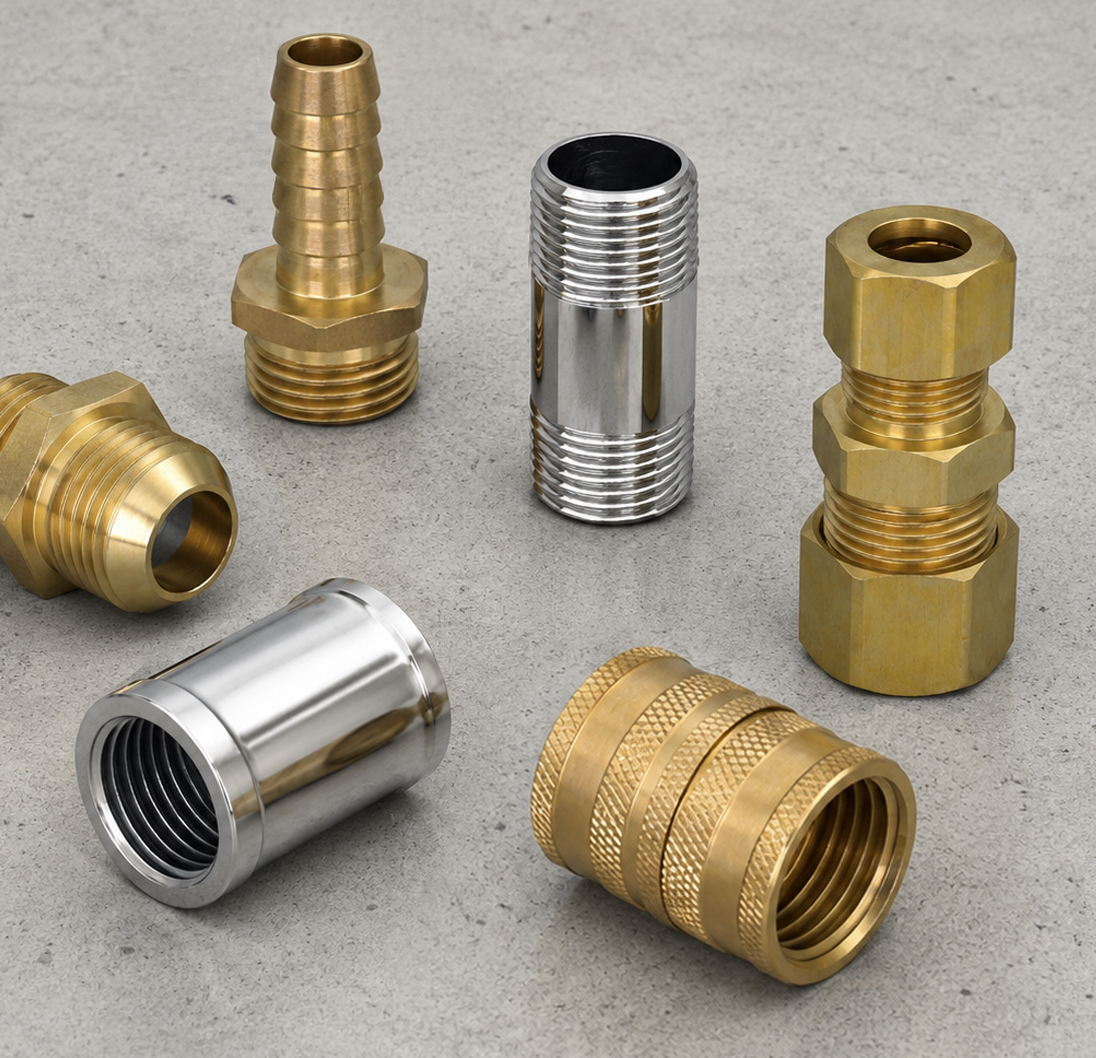 Specialty brass fittings including hose barbs, compression fittings and threaded adapters.