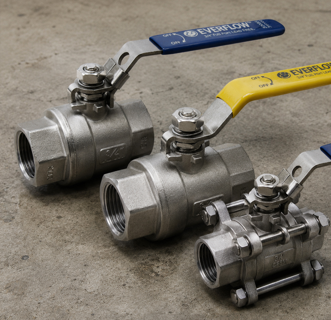Everflow stainless steel ball valves with blue and yellow lever handles.