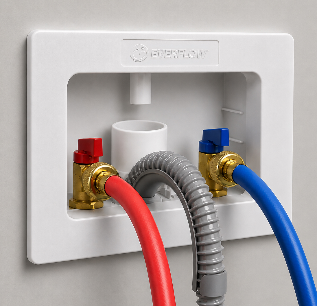 Everflow washing machine outlet box with hot and cold water supply connections.